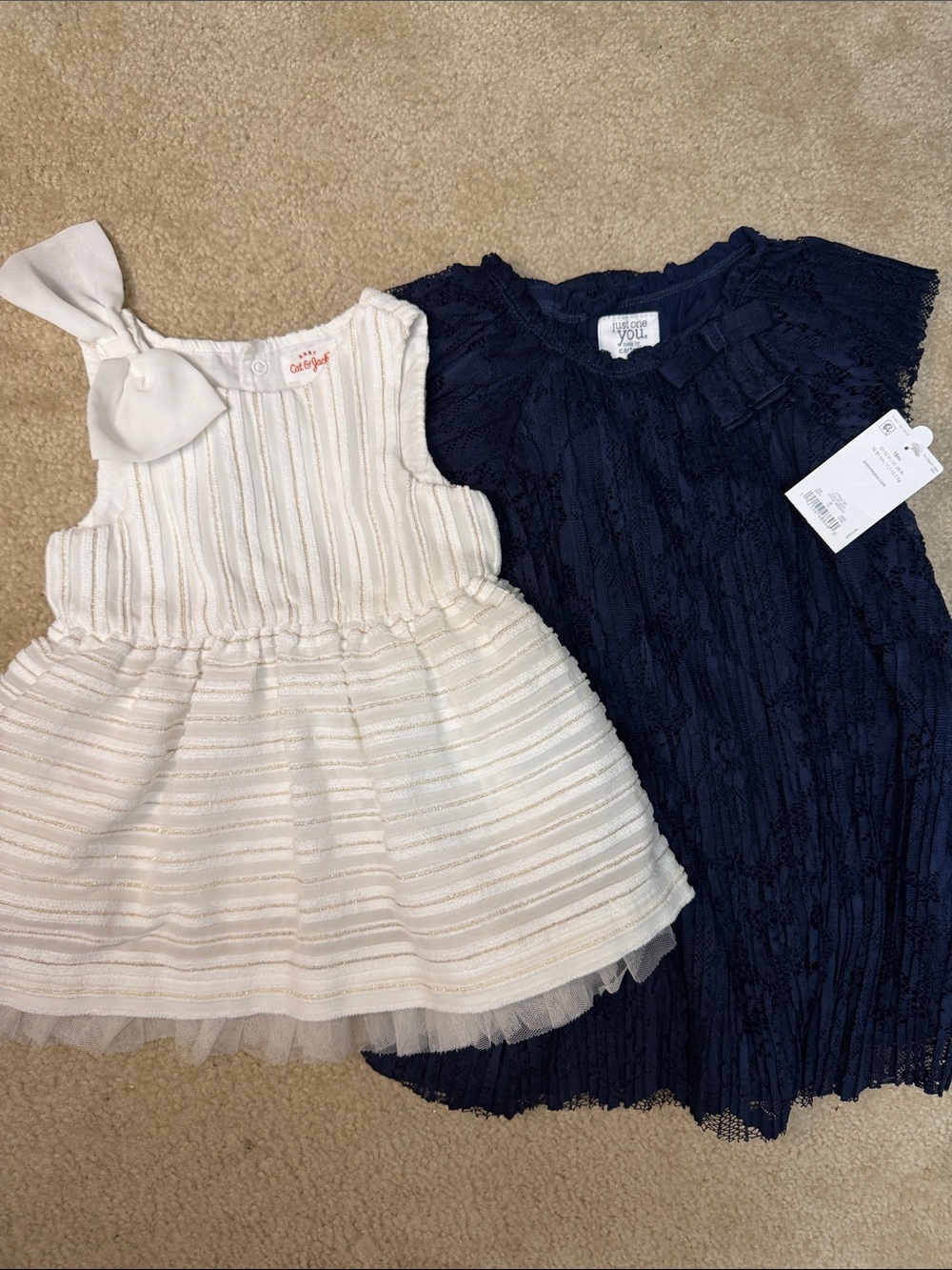 Cat & Jack Cream Bow-Shoulder Dress and just for you Navy Lace Dress Set
